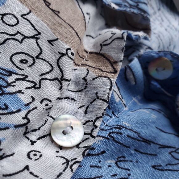 Habitat 100% Linen Top Sz M White Blue Floral Button Up Lagenlook Coastal Beachy - Picture 4 of 10